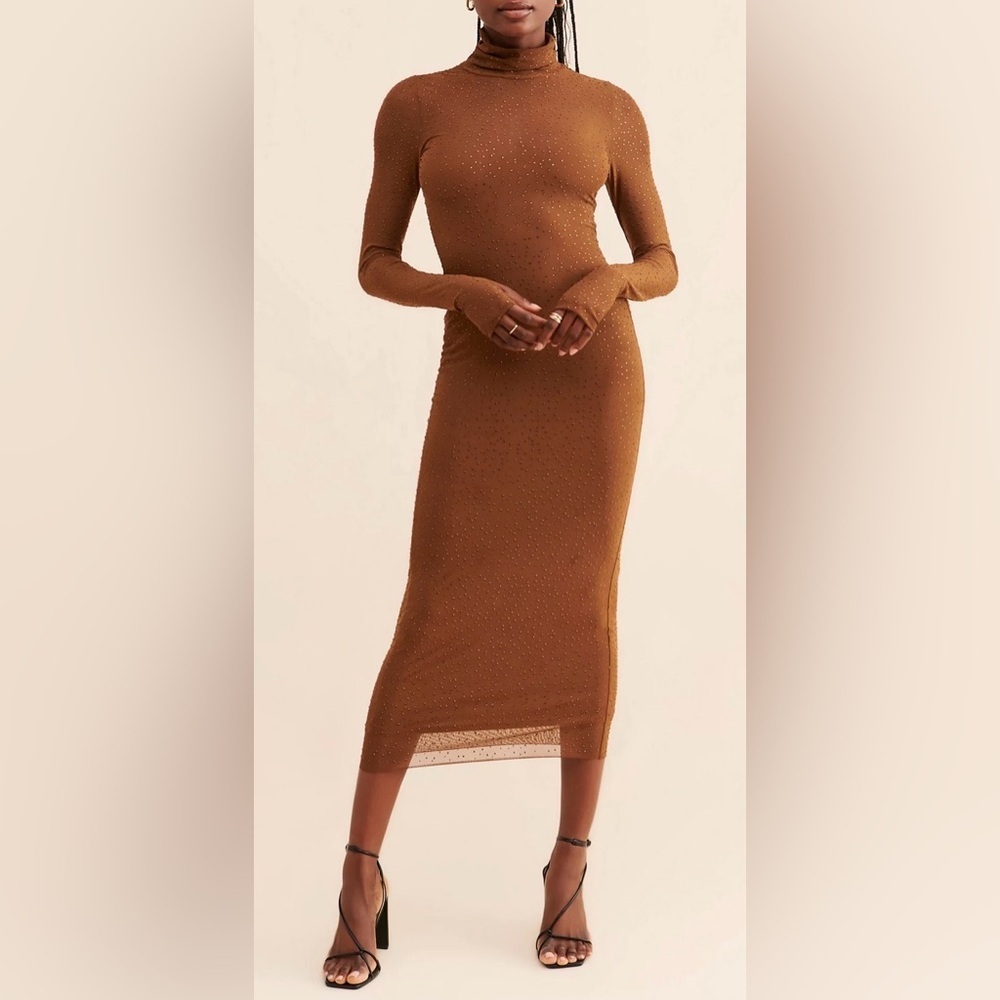 AFRM Shailene Rhinestone Turtleneck Dress Midi Embellished Mesh Brown Medium - Picture 3 of 11